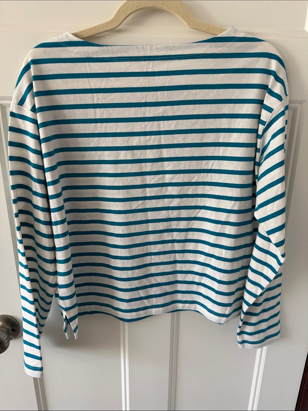 Striped Boatneck Long Sleeve Top in Teal and White - Picture 2 of 4